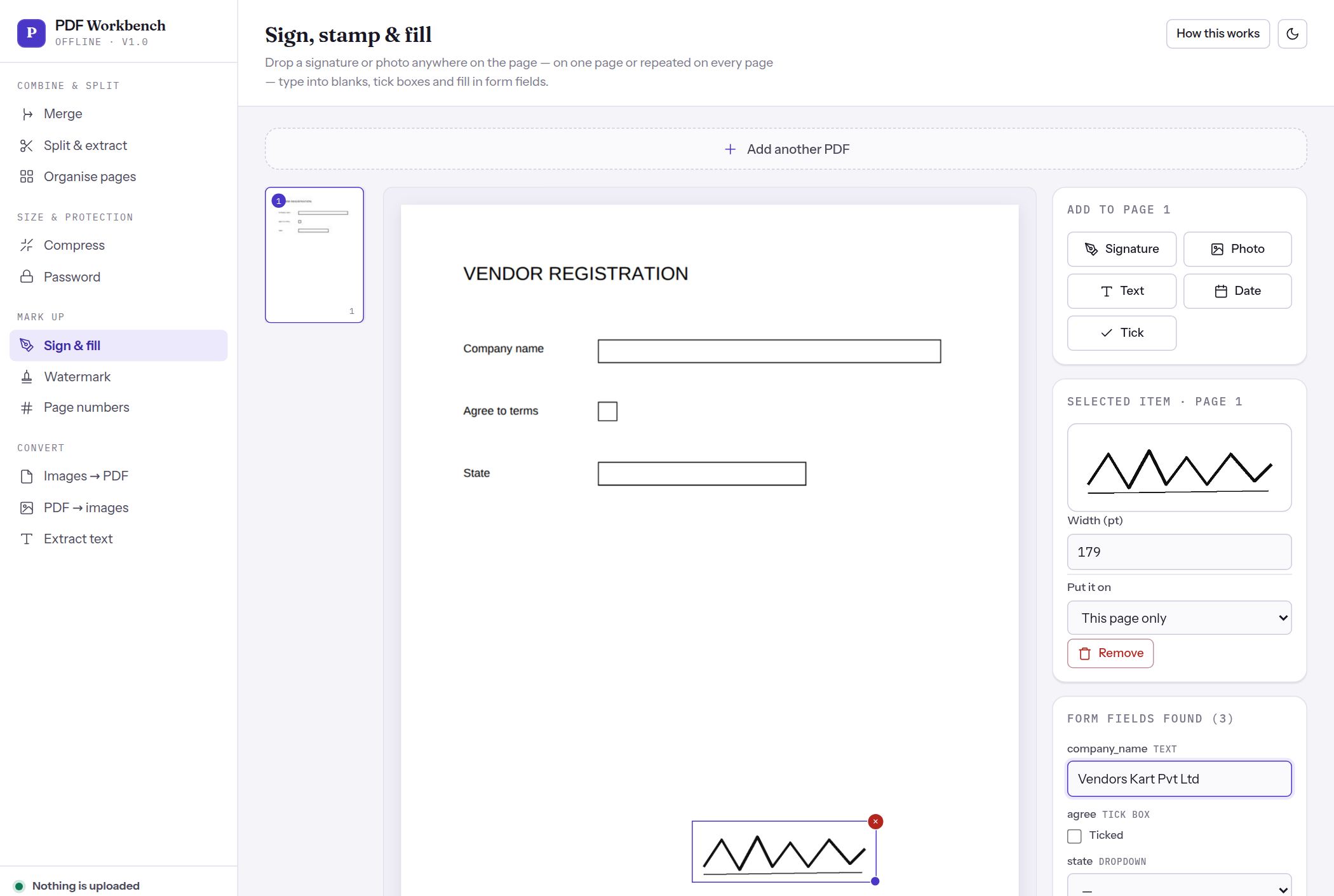 The PDF Workbench interface: a list of tools down the left, page thumbnails in the middle, and a signature being placed on a document.